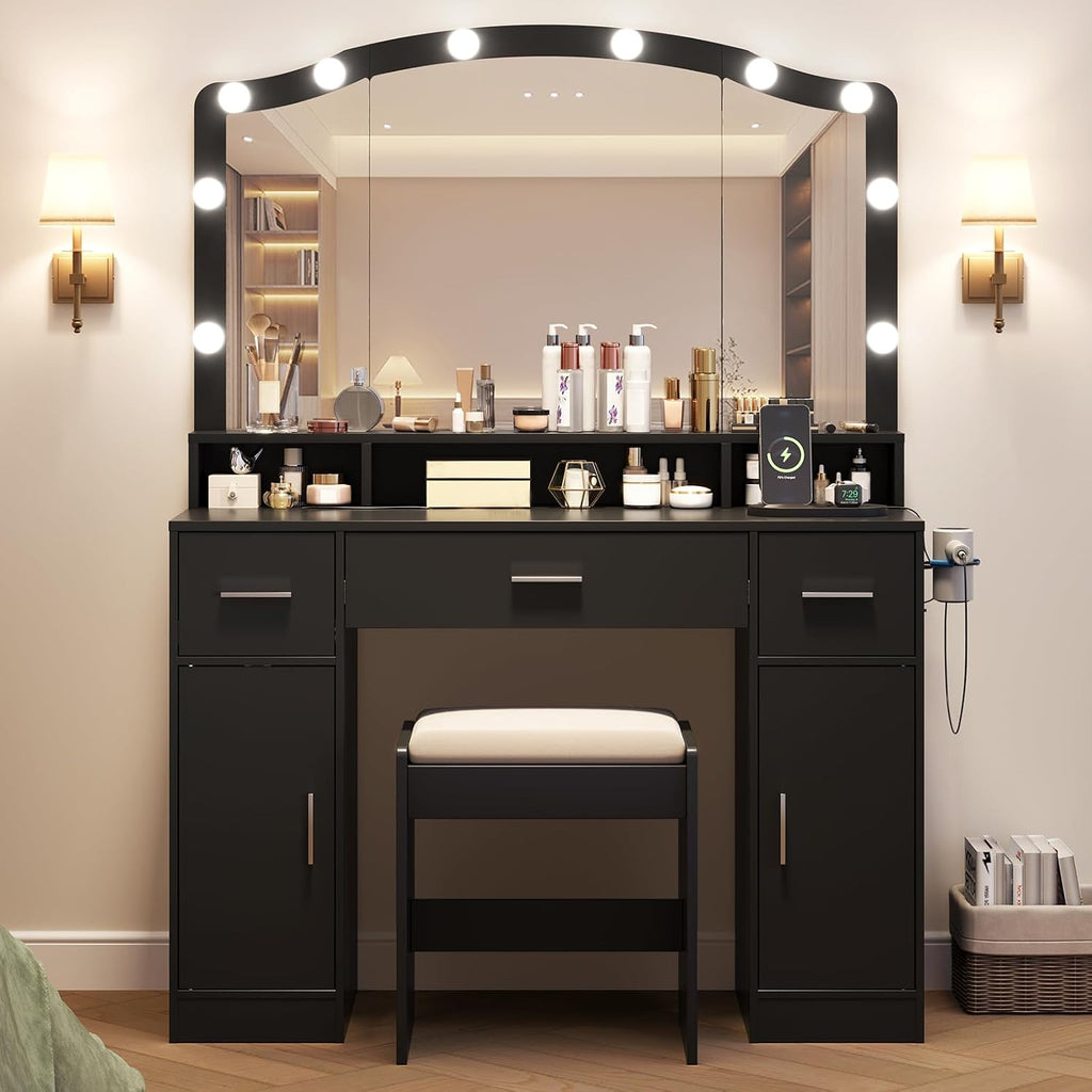 GarveeLife LED Lighted Vanity Desk for Girls & Women – Makeup Table with 10 Lighting Mirror, Charging Station, 3 Drawers, 2 Cabinets, Cushioned Stool – Bedroom Play Makeup Set – Color: Black