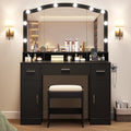 GarveeLife LED Lighted Vanity Desk for Girls & Women – Makeup Table with 10 Lighting Mirror, Charging Station, 3 Drawers, 2 Cabinets, Cushioned Stool – Bedroom Play Makeup Set – Color: Black