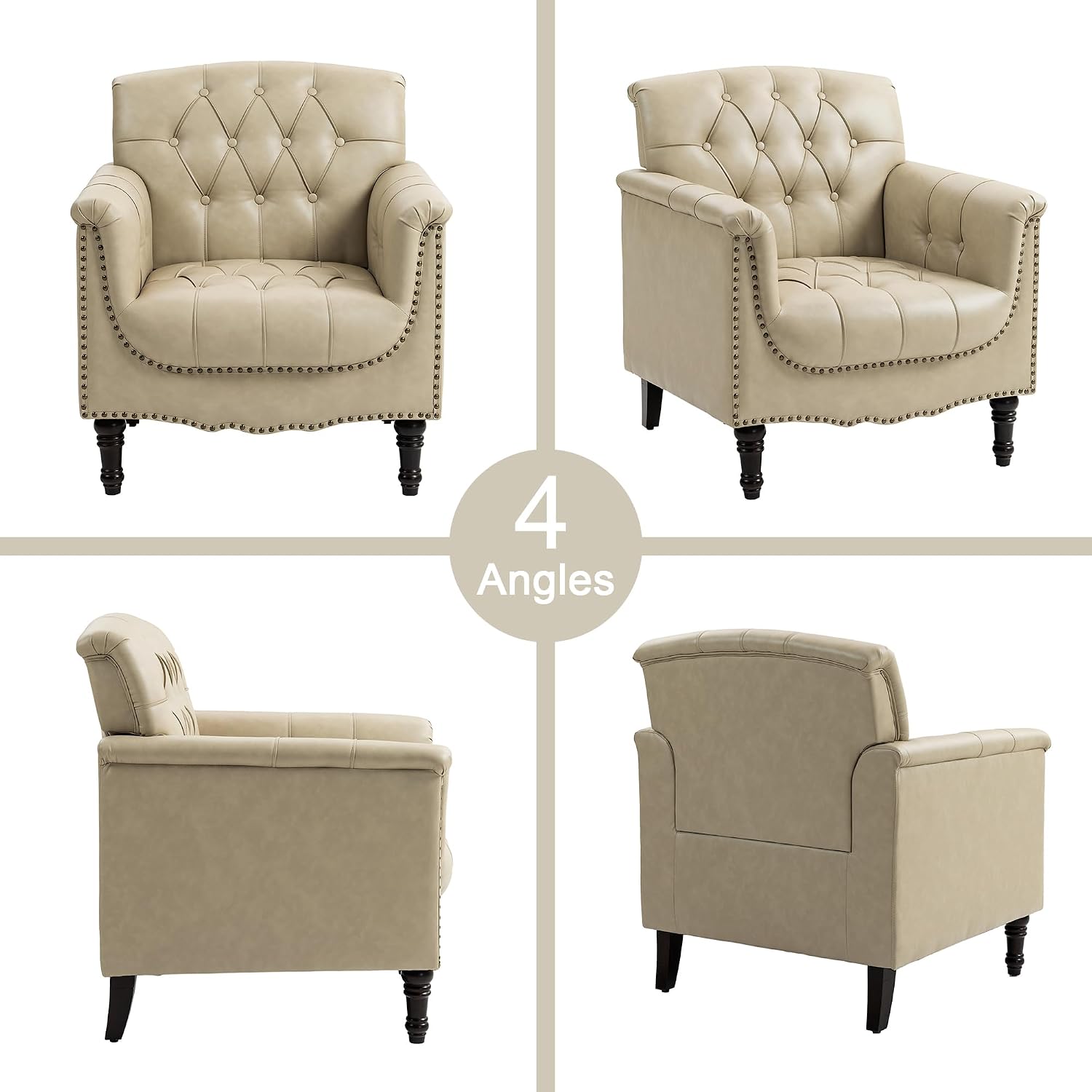 Lumibee Faux Leather Armchairs, Contemporary Accent Chairs Set of 2 with Nailhead Trims & Wood Legs for Living Room, Upholstered Comfy Arm Chairs for Office,Bedroom-Beige