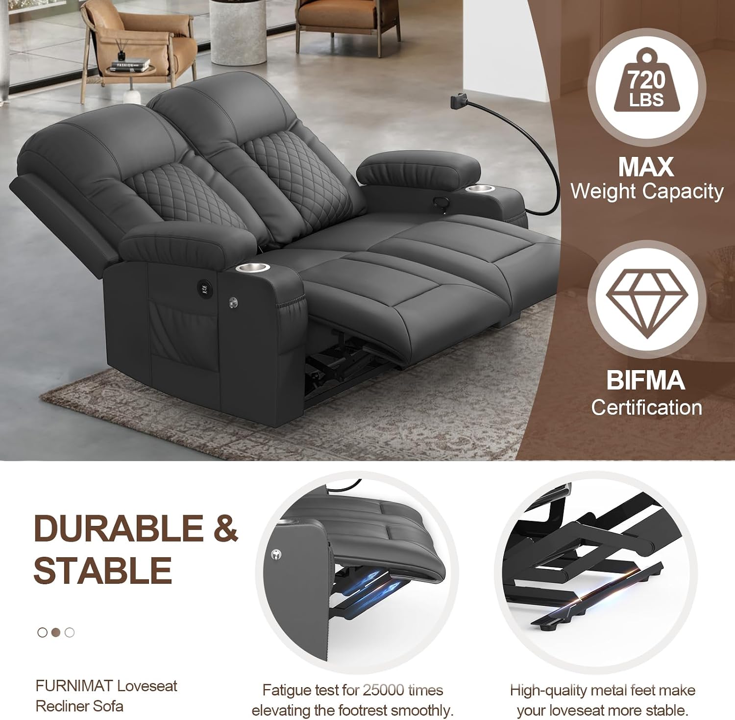 FURNIMAT Loveseat Recliner Sofa, 2 Seater Reclining Loveseat Sofa, PU Leather RV Loveseat Couch, Modern Recliner Chair for Living Room, with Cup Holder and 2 Cell Phone Holder, USB Ports, Gray