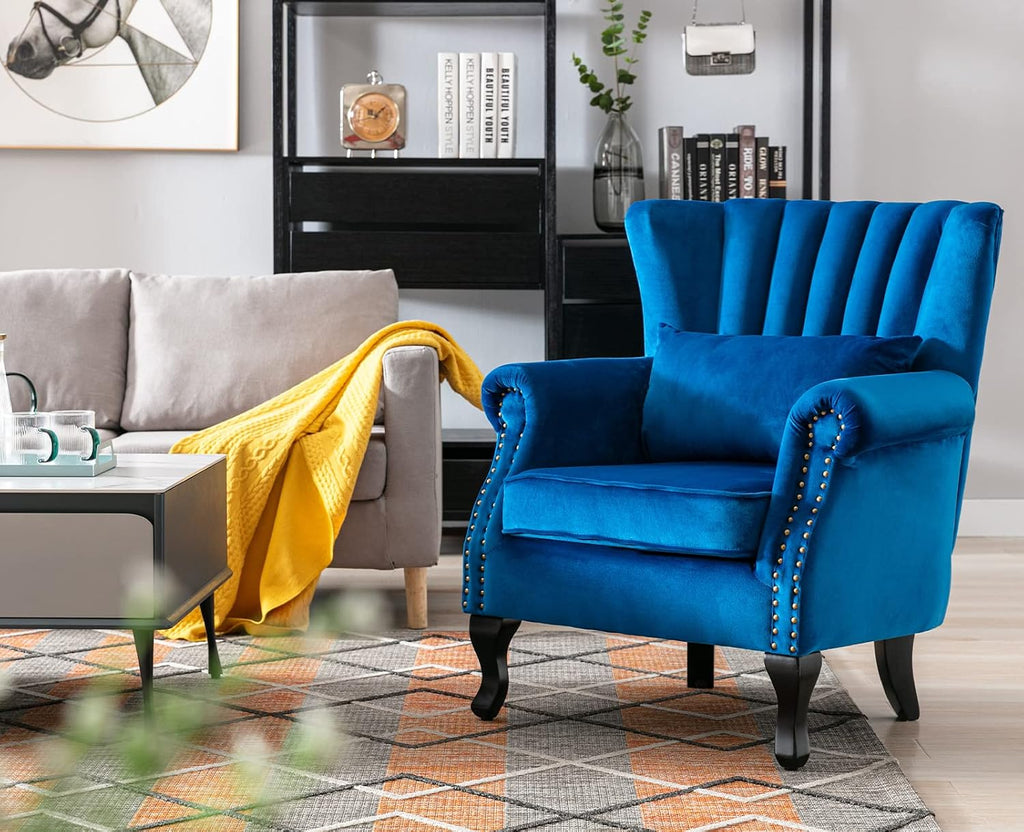 Kmax Blue Accent Chair Velvet Wingback Chair with Pillow Nail-Head Channel Tufted Oversized Club Chair for Living Room Bedroom Guest Room