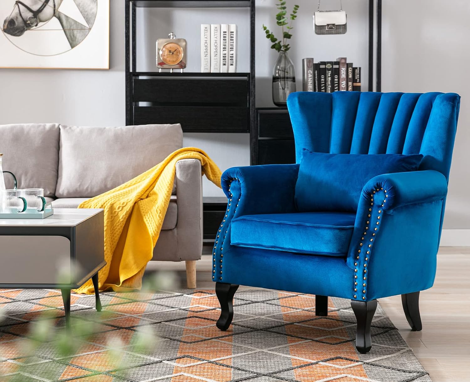 Kmax Blue Accent Chair Velvet Wingback Chair with Pillow Nail-Head Channel Tufted Oversized Club Chair for Living Room Bedroom Guest Room