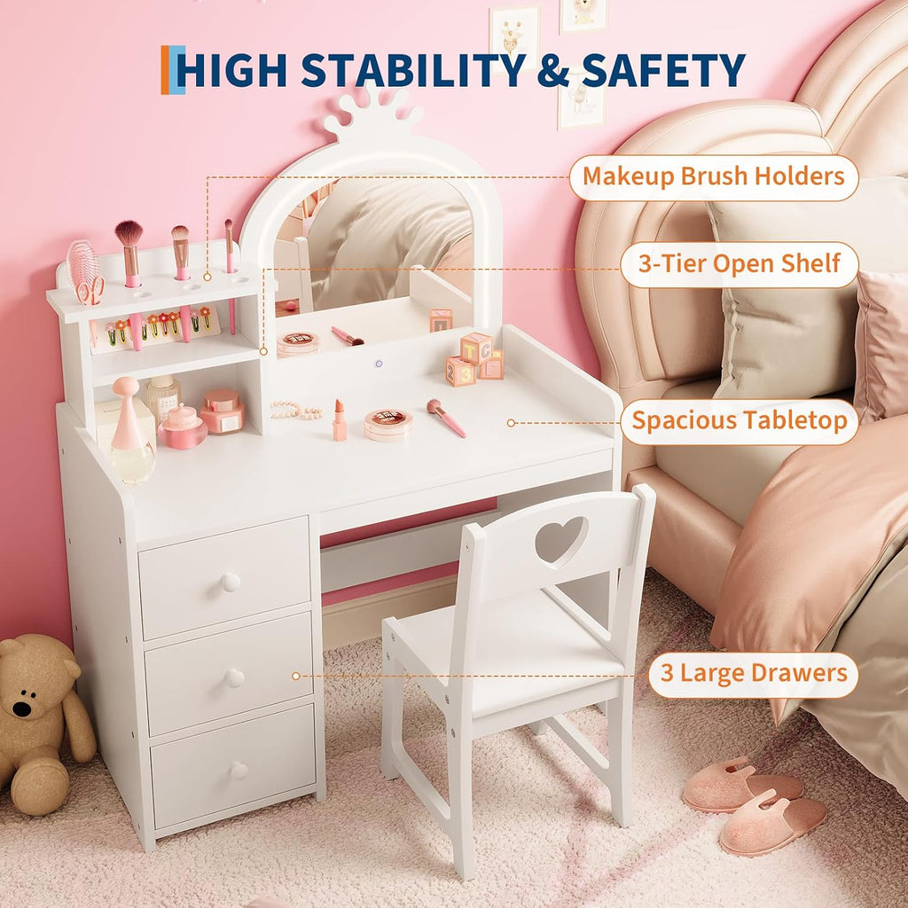 GAOMON Kids Vanity Table and Chair Set with Mirror & LED Lights, 2-in-1 White Princess Wooden Makeup Desk with Storage Shelves and Drawers, Pretend Play, White