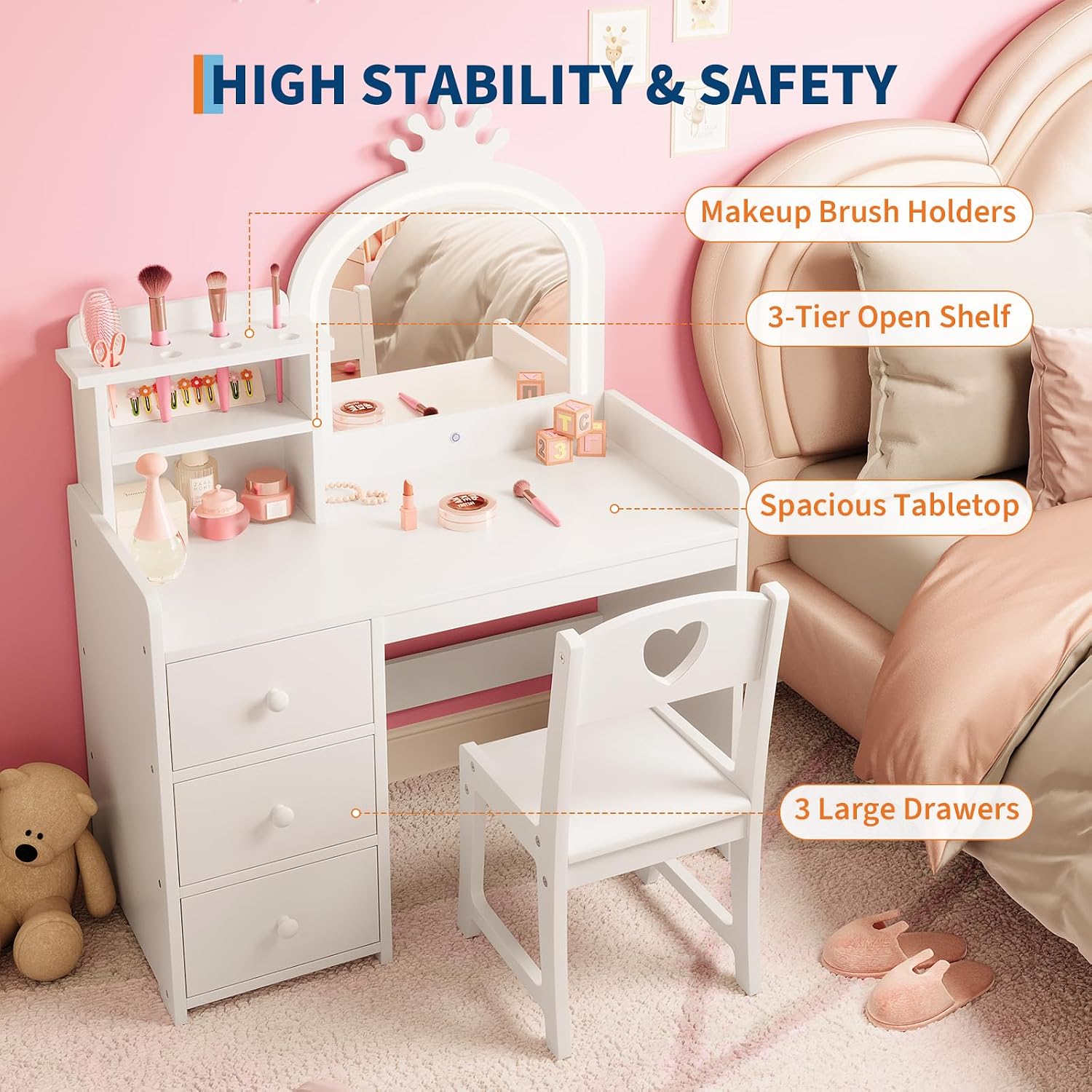 GAOMON Kids Vanity Table and Chair Set with Mirror & LED Lights, 2-in-1 White Princess Wooden Makeup Desk with Storage Shelves and Drawers, Pretend Play, White