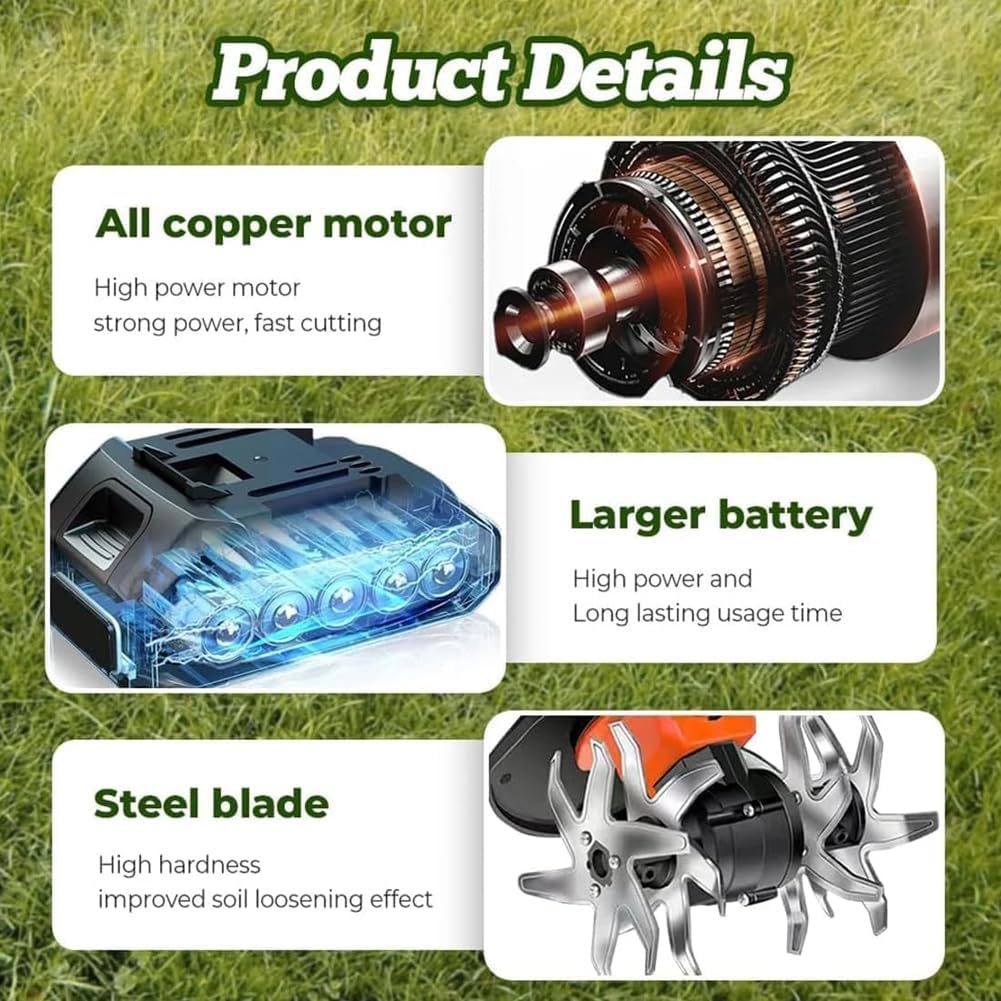 21V Cordless Mini Tiller Cultivator, 2025 New Hand Held Tiller for Gardening, 235RPM with 4 Rows of Tines for Lawn/Gardening/Soil Cultivation, Dual Safety Switch (with Pole)