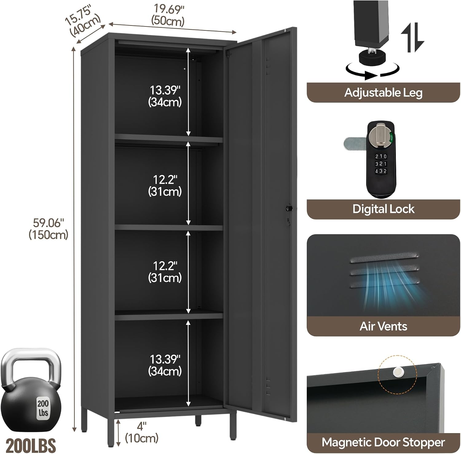 Steehoom Locker Cabinet, 59.06' H Black Metal Locker Storage Cabinet for Employees with Locking Door and 2 Shelves Kids Locker Tool File Cabinets for Bedroom, Home Office, Garage, Bathroom