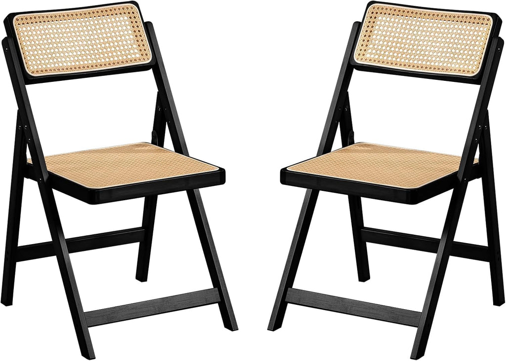Furlide Rattan Folding Chairs, Modern Mid Century Dining Chairs Set of 2, Outdoor Bamboo Chairs for Bedroom Living Room Reading Room Dining Kitchen, Black