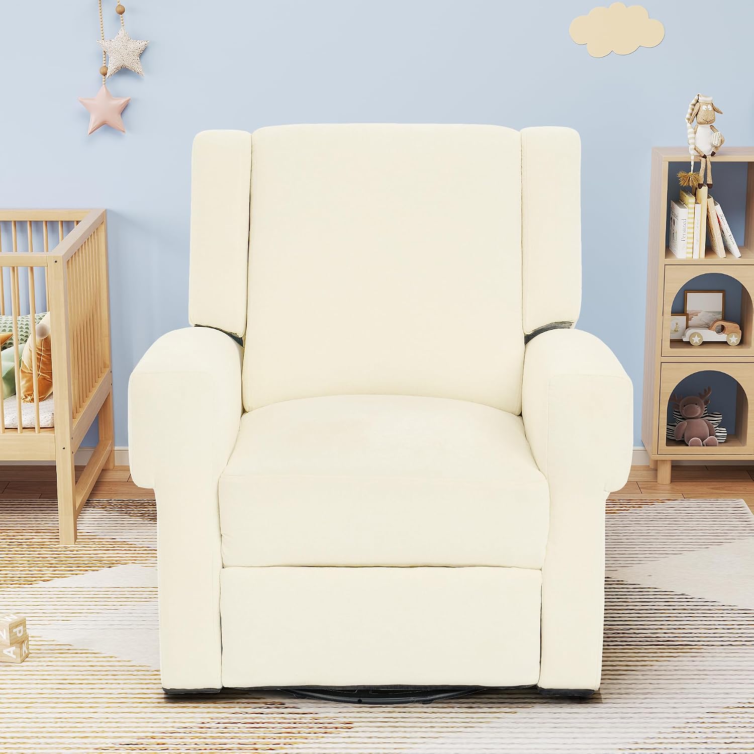 Merax Manual Recliner Chair with Swivel and Rocker, 2-Position Chenille Recliner Sofa with Pull Handle, Compact Recliner for Living Room, Nursery, Home Theater, White