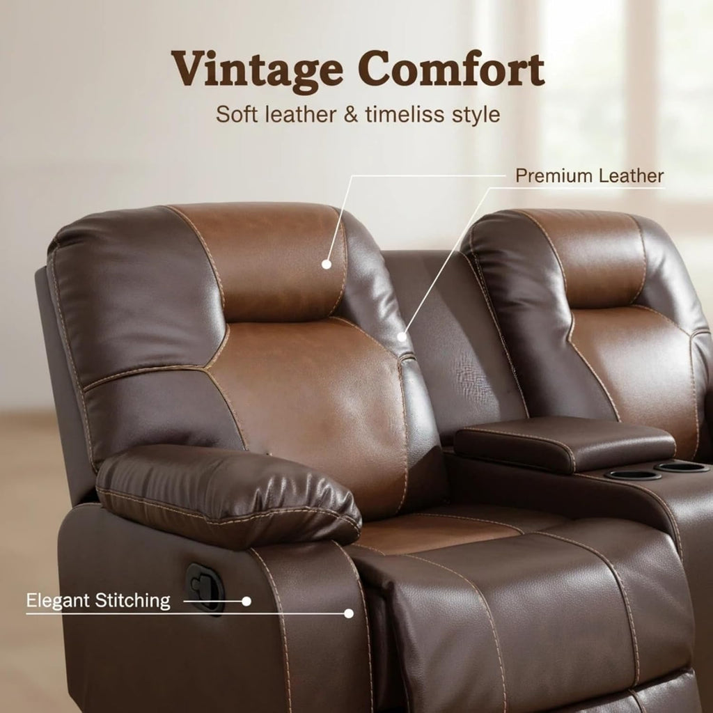 Leather Recliner Sofa Set, Living Room Furniture Set, Adjustable Backrest Reclining Loveseat Sofa with Storage Console & Cup Holders, Manual Recliner Chair for House, Home Theater, Brown
