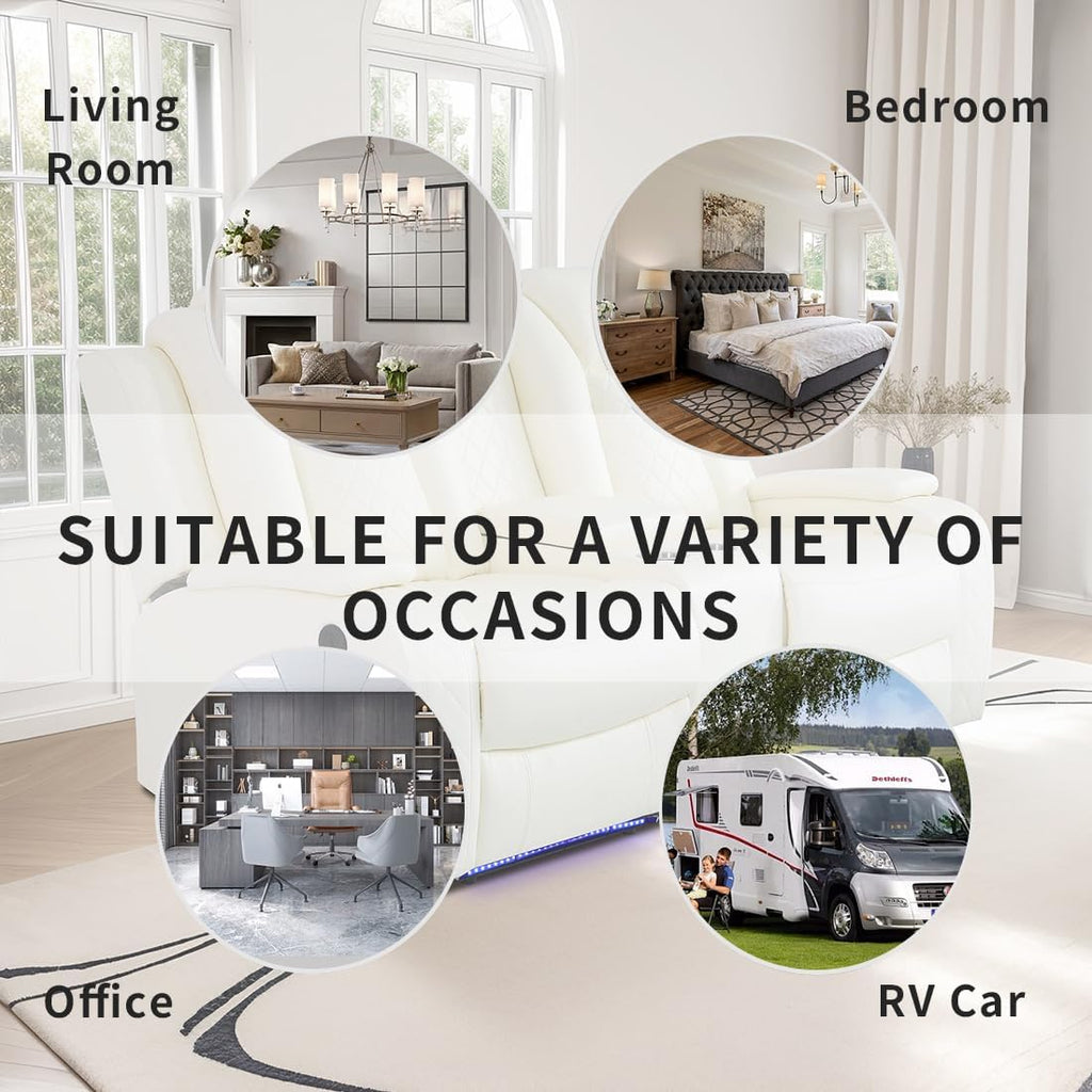 Living Room Sofa Sets, Breathing Leather Power Recliner Sofa with LED Light, Power Reclining Loveseat with 2 Recliner Seats/Cup Holders/Storage Console for Living Room(Vanilla White)