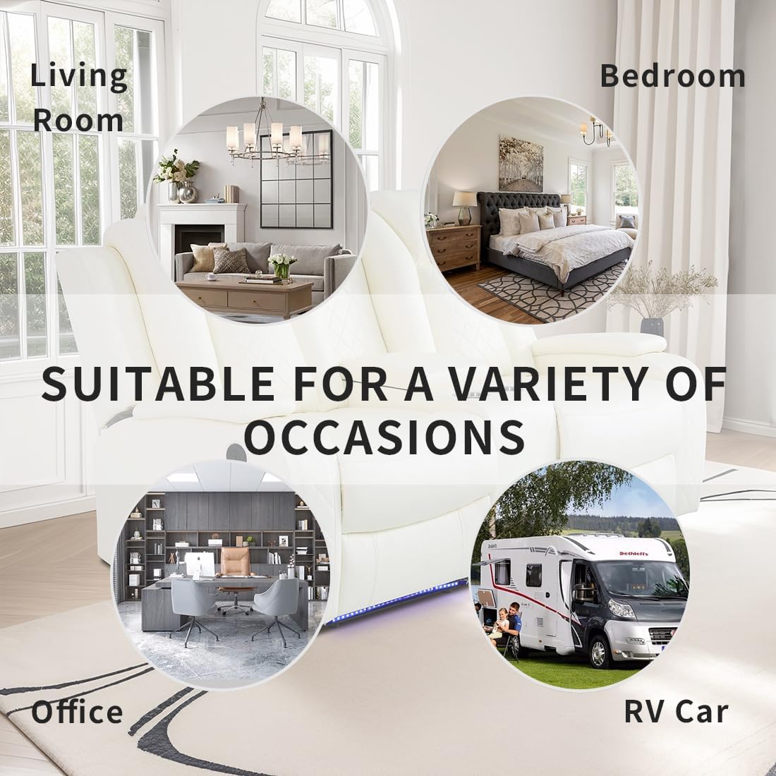 Living Room Sofa Sets, Breathing Leather Power Recliner Sofa with LED Light, Power Reclining Loveseat with 2 Recliner Seats/Cup Holders/Storage Console for Living Room(Vanilla White)