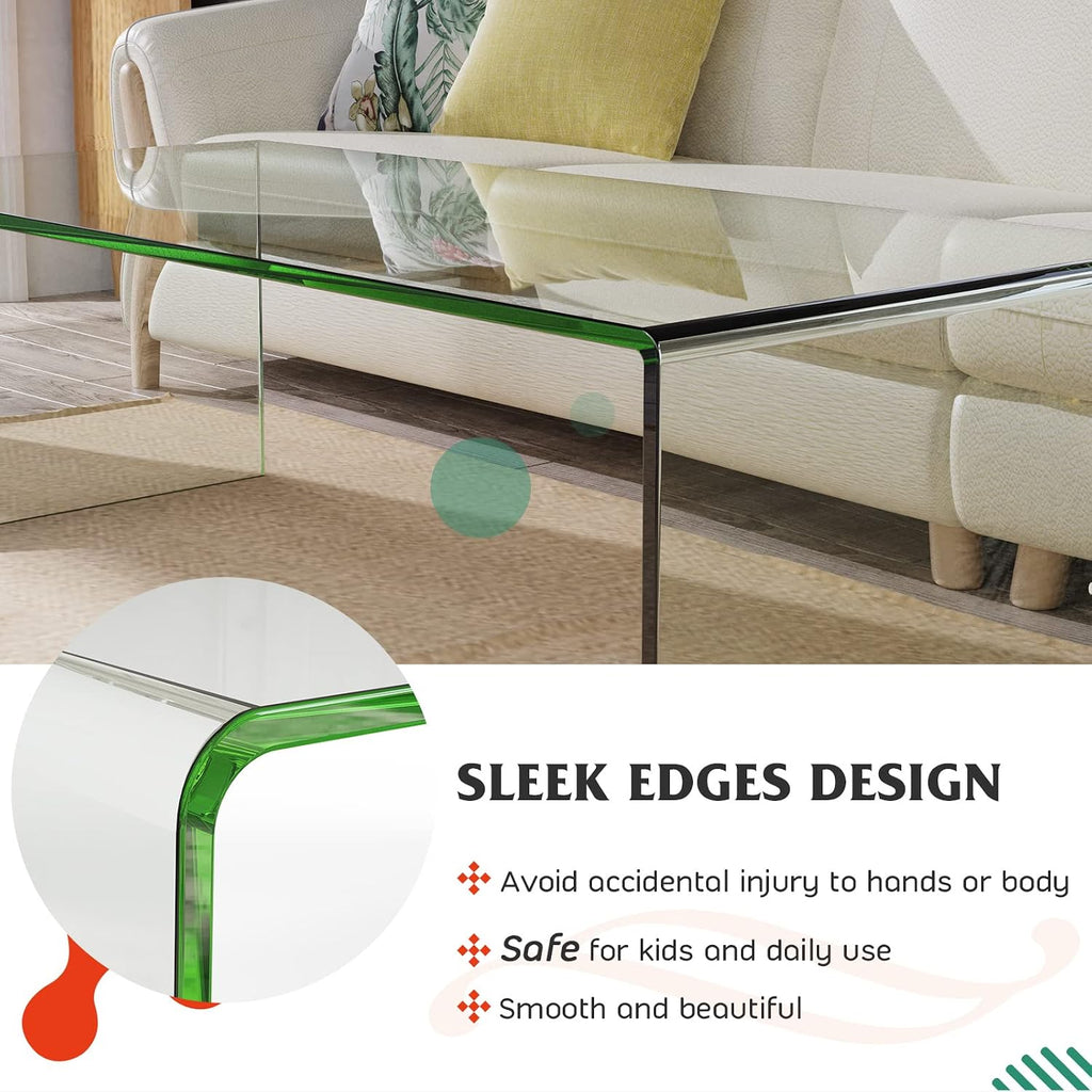 ReunionG Glass Coffee Table, Modern Clear Coffee Table with Rounded Edges, Transparent Tempered Glass Coffee Table, U-Shaped Side Table for Living Room Office, 42.5' x 20' x 14' (L x W x H)