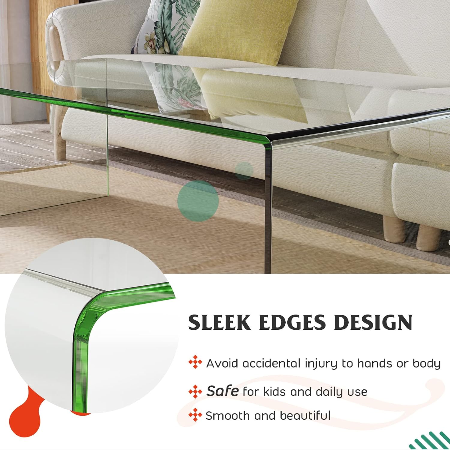 ReunionG Glass Coffee Table, Modern Clear Coffee Table with Rounded Edges, Transparent Tempered Glass Coffee Table, U-Shaped Side Table for Living Room Office, 42.5' x 20' x 14' (L x W x H)