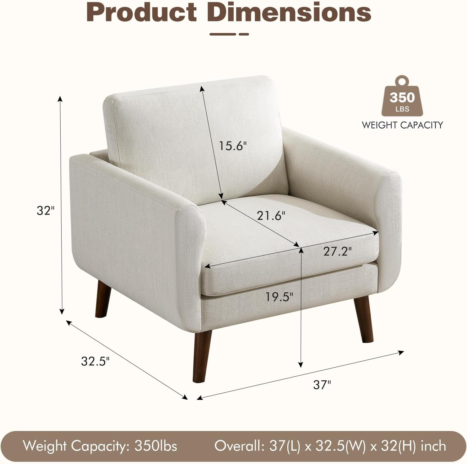 Oversized Accent Chair for Living Room, 37' Mid-Century Modern Comfy Reading Chair, Linen Fabric Solid Wood Frame Armchair, Upholstered Beige Bedroom Accent Chairs Set of 2 for Adults