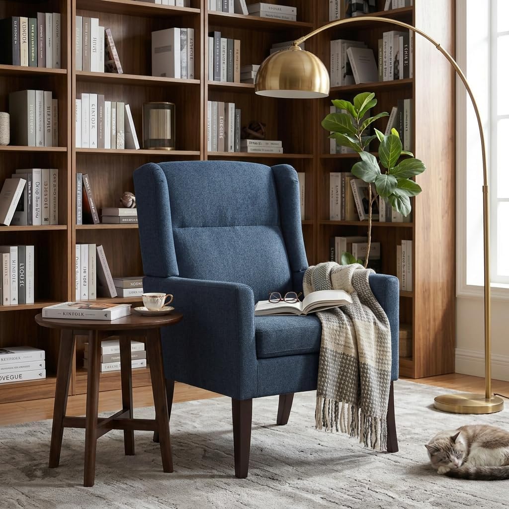 Zihanhome High Back Accent Chair, Fabric Living Room Chairs, Modern Comfy Chair with Wooden Legs,Upholstered Armchair for Living Room,Bedroom,Apartment,Reading Spaces.(1,Blue)