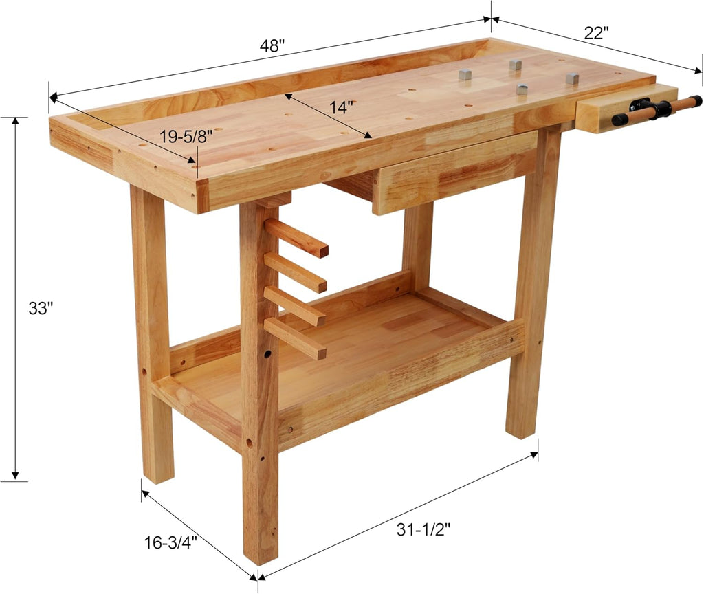 Montary 48' Wood Workbench, Heavy Duty Woodworking Bench with Adjustable Handle, 330Lbs Load Capacity Woodworking Table Work Bench with Drawer & Shelf for Garage, Workshop, Home Storage