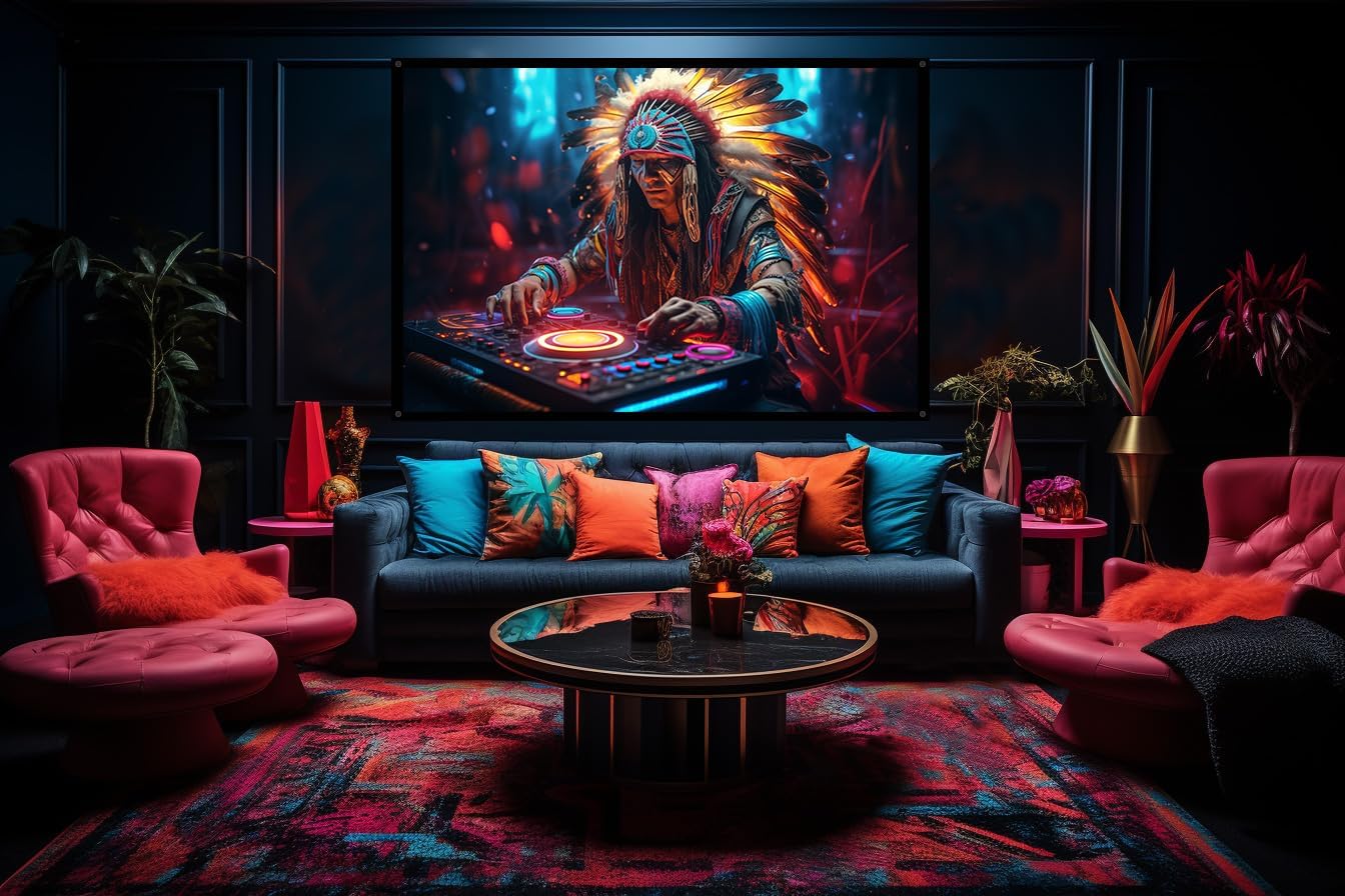 Cyberpunk Shaman DJ, UV tapestry, Blacklight Reactive Wall Hanging, Neon Backdrop, Party Decor, Psychedelic Tapestry, Visionary Wall Art (Large)