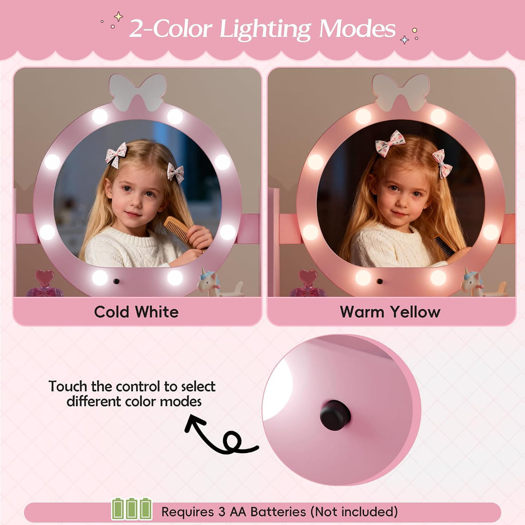 TOLEAD Kids Vanity, Girls Vanity Set with Mirror and Stool and Lights, Toddler Vanity Table and Chair Set with Jewelry Storage, Wooden Princess Makeup Desk Dressing Table for Girls, Pink