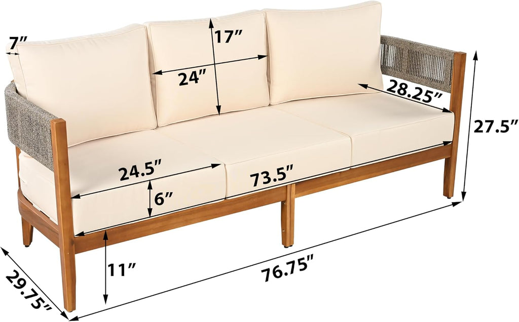 Christopher Knight Home Rekker Patio Acacia Wood 3-Seater Sofa, Patio Furniture Set 3-Seater Outdoor Sofa, Tub Design Outdoor Couch with Woven Rope and Removable Cushion,Comfy Reading Chair,Teak+Beige