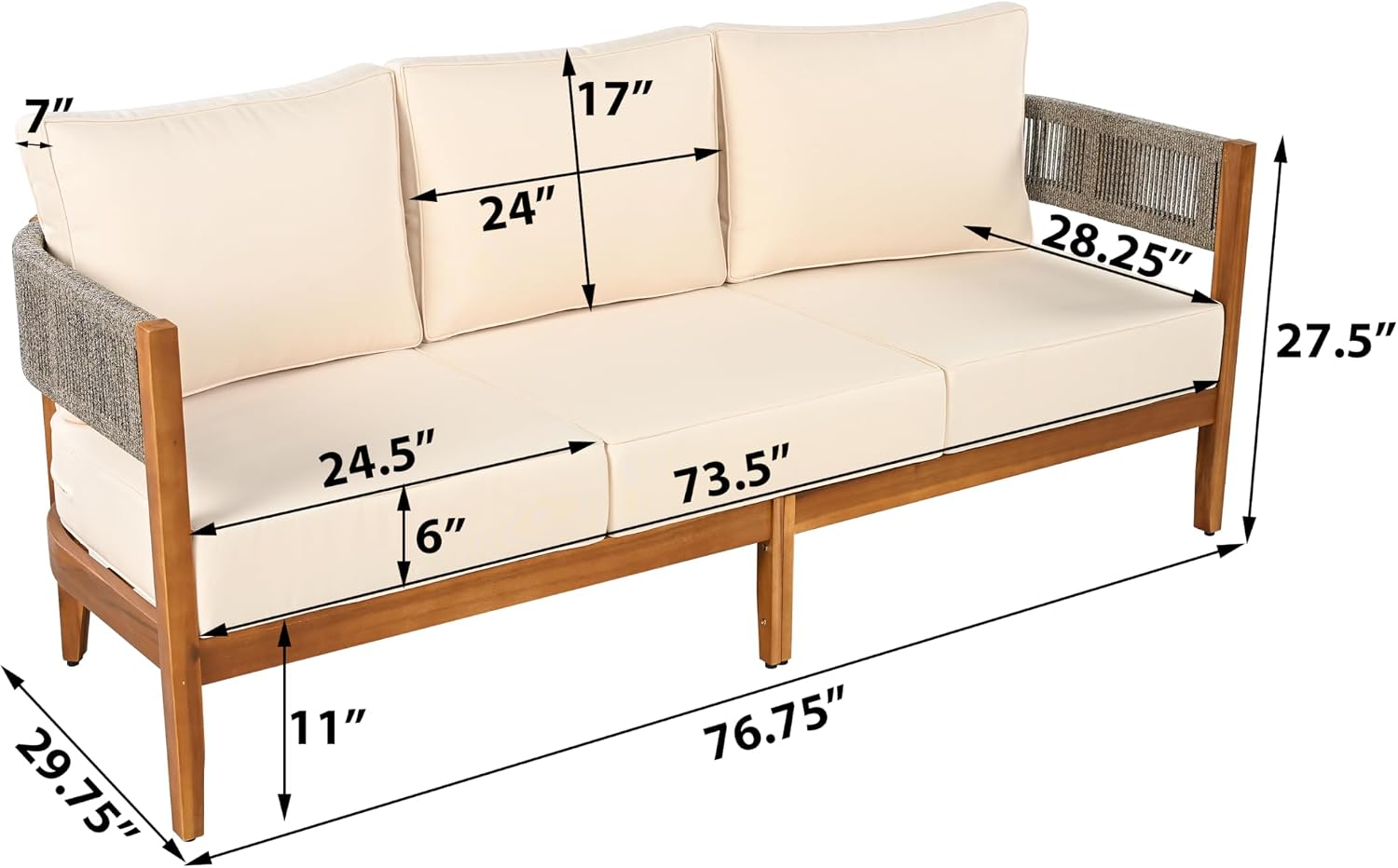 Christopher Knight Home Rekker Patio Acacia Wood 3-Seater Sofa, Patio Furniture Set 3-Seater Outdoor Sofa, Tub Design Outdoor Couch with Woven Rope and Removable Cushion,Comfy Reading Chair,Teak+Beige