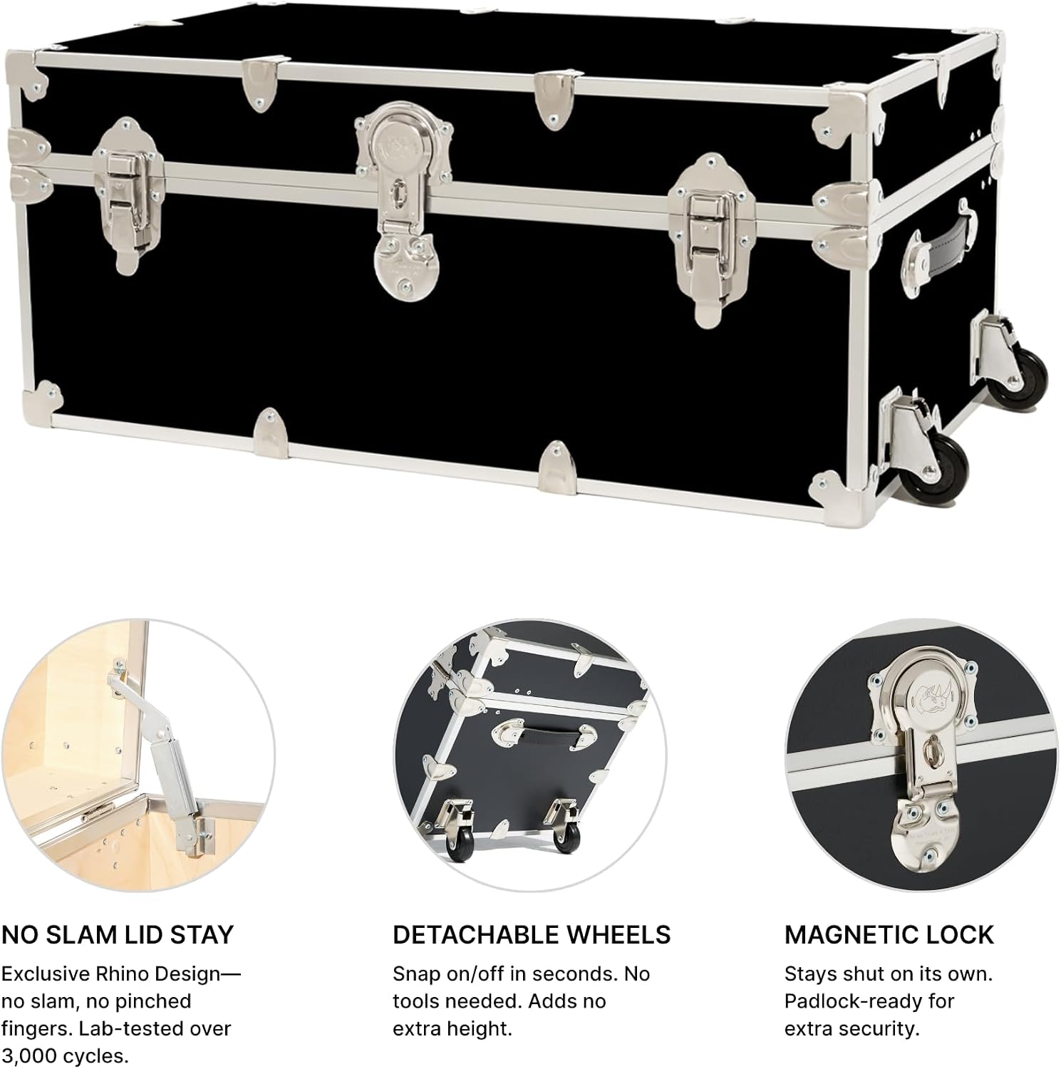 Rhino Trunk & Case Classic Camp & College Trunk with Wheels. 30'x17'x13', 1500+ lbs Capacity - Many Colors, Soft-Close Lid. Strong, USA Made Summer Camp Footlocker and Secure Dorm Storage Chest