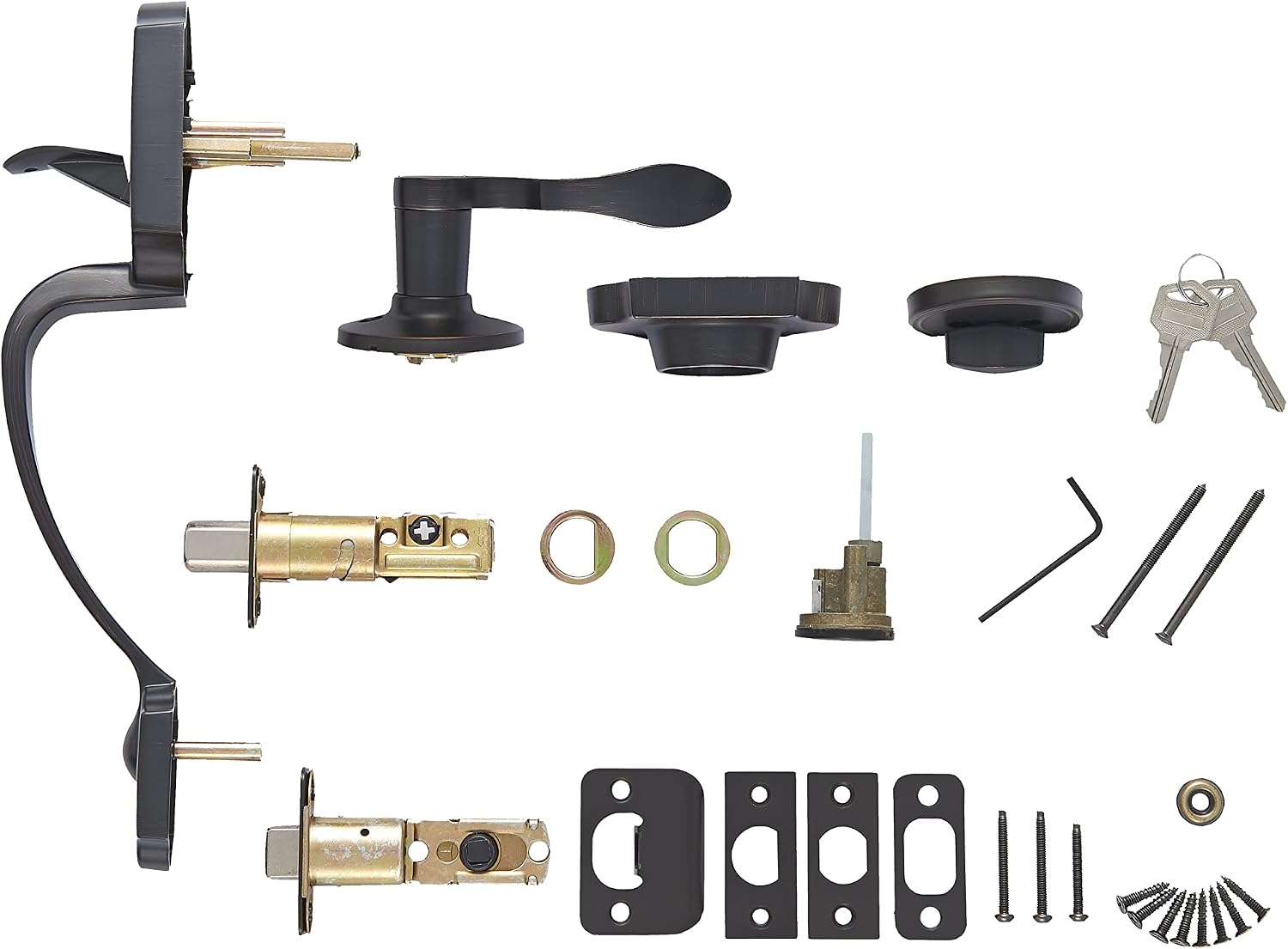 Amazon Basics Front Door Lock Set, Handleset with Shelby Lever, Level Door Handle, Exterior, Single Cylinder Packs, Oil Bronze, 6-Pack