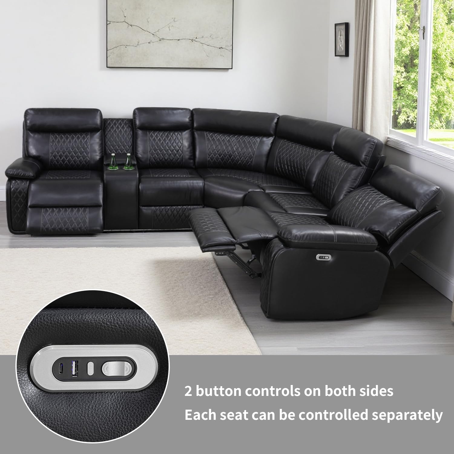 Power Recliner Sofa Sectional Couch with LED Light for Living Room,Leather Reclining Corner Sectional Sofa with 2 Recliner Seats,Cup Holder,Storage Console for House/Home Theater, Black