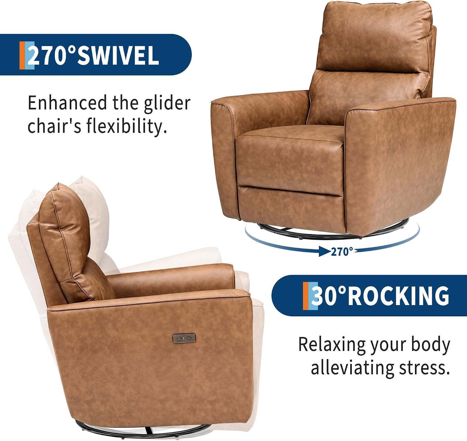 GarveeHome Power Recliner Chair, 270° Swivel Rocking Glider with USB Charging Port, PU Leather Upholstered Fabric, Ergonomic Modern Nursery Chair for Living Room, Bedroom, Nursery (Brown)