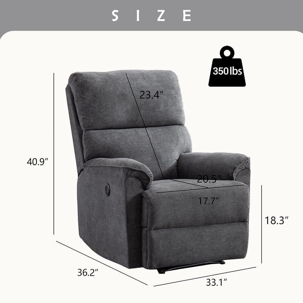 EBELLO Power Recliner Chair, Electric Recliner, Breathable Fabric Single Overstuffed Recliner Sofa Chair with USB Charge Port for Elderly Living Room, Bedroom, Gray, Power Gray