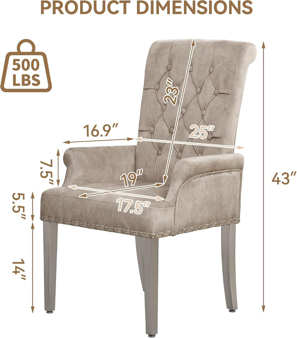 WUTUTUEE Velvet Dining Chair with Arms, Upholstered Tufted High Back Dining Room Chairs, Accent Armchair with Chrome Leg and Nailhead Trim, Kitchen Dining Living Room, Beige (Ivory)