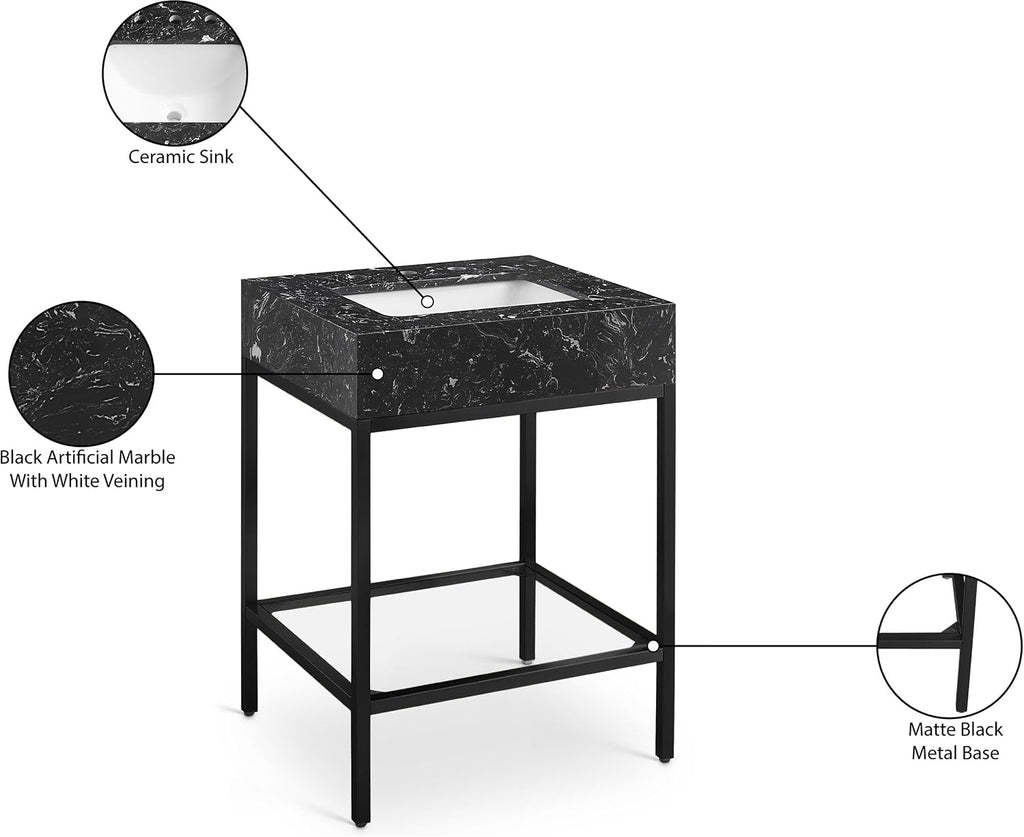 Meridian Furniture 407Black-24 Marmo Collection Modern | Contemporary Bathroom Vanity with Black Engineered Stone with White Veining, Matte Black Metal Base, 24' W x 21' D x 34' H