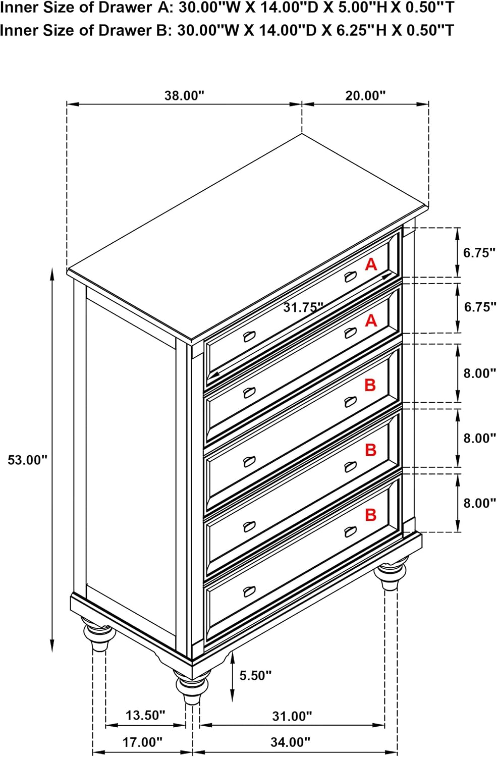 Coaster Home Furnishings Andover Traditional Wood 5-Drawer Bedroom Chest of Drawers Chiffonier Clothing Storage Cabinet Bedroom Armoire Tall Dresser Organizer Unit Dark Oak 223635