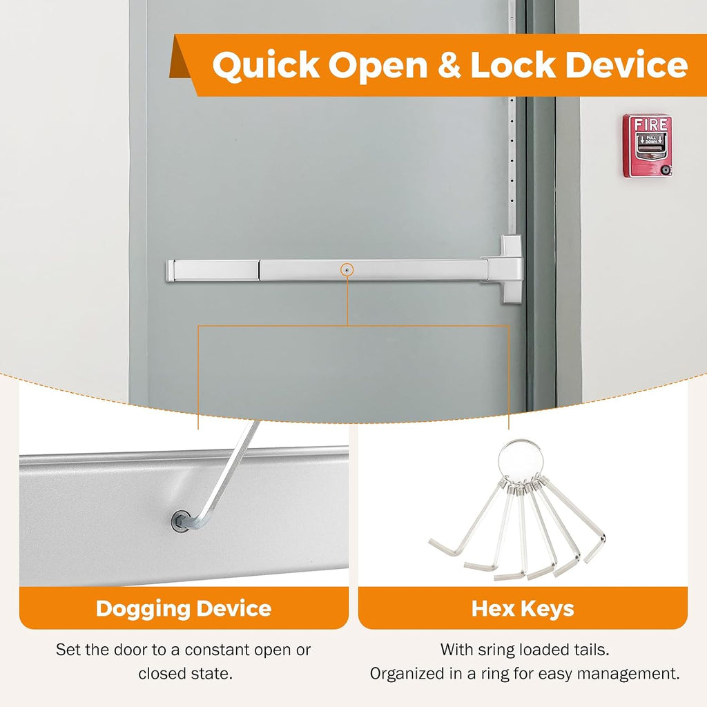 BEAMNOVA Vertical Rod Door Panic Bar Exit Device 32 Inch Commercial Door Push Bar Lock Set Emergency Gate Roller Strike Plate End Cap Metal Parts Accessories, Metallic