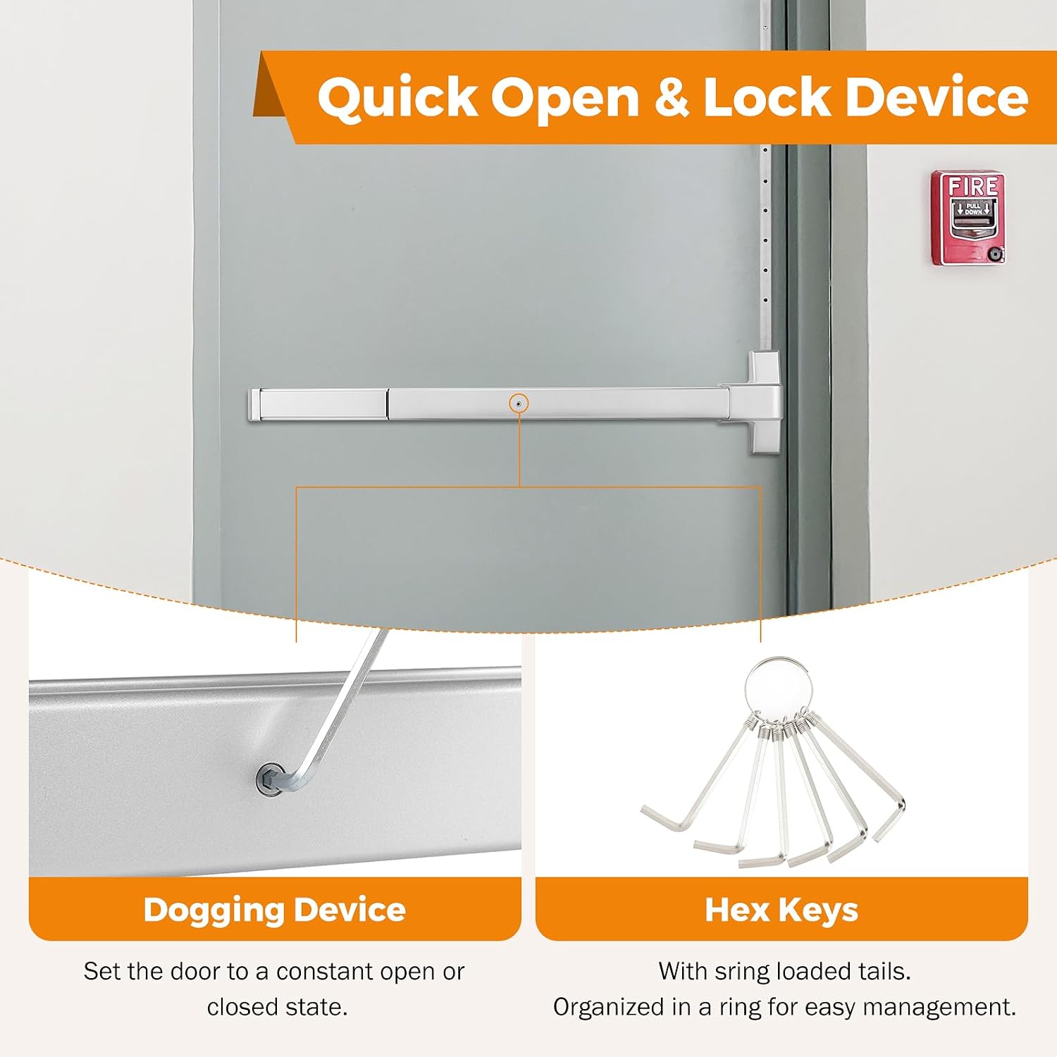 BEAMNOVA Vertical Rod Door Panic Bar Exit Device 32 Inch Commercial Door Push Bar Lock Set Emergency Gate Roller Strike Plate End Cap Metal Parts Accessories, Metallic
