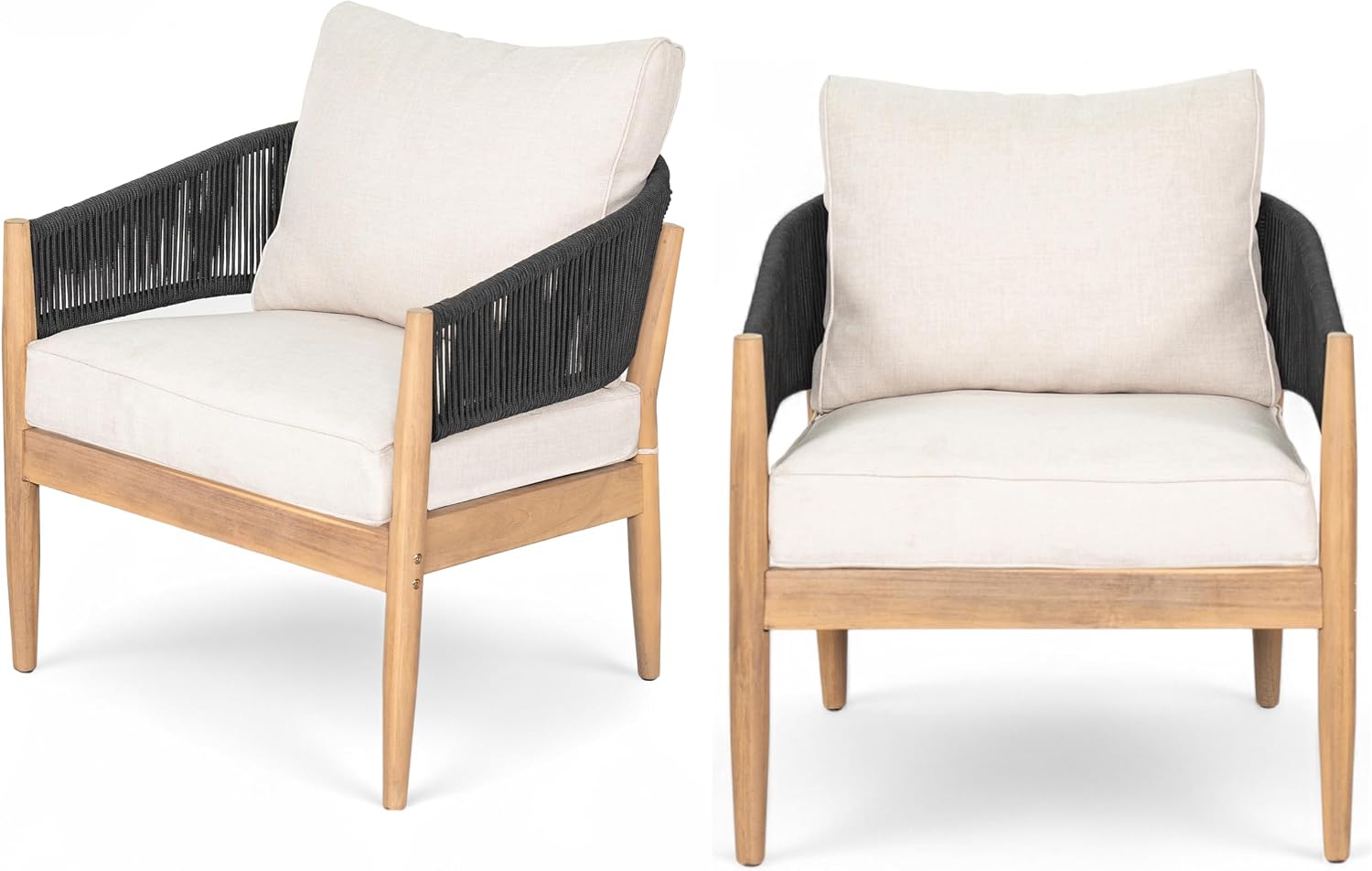 Christopher Knight Home Naomi Set of 2 Patio Acacia Wood Club Chair with Cushions, Handwoven Rope Lounge Chair Outdoor for Porch/Backyard, Stylish Garden Seating with Curved Backrest, Beige + Black