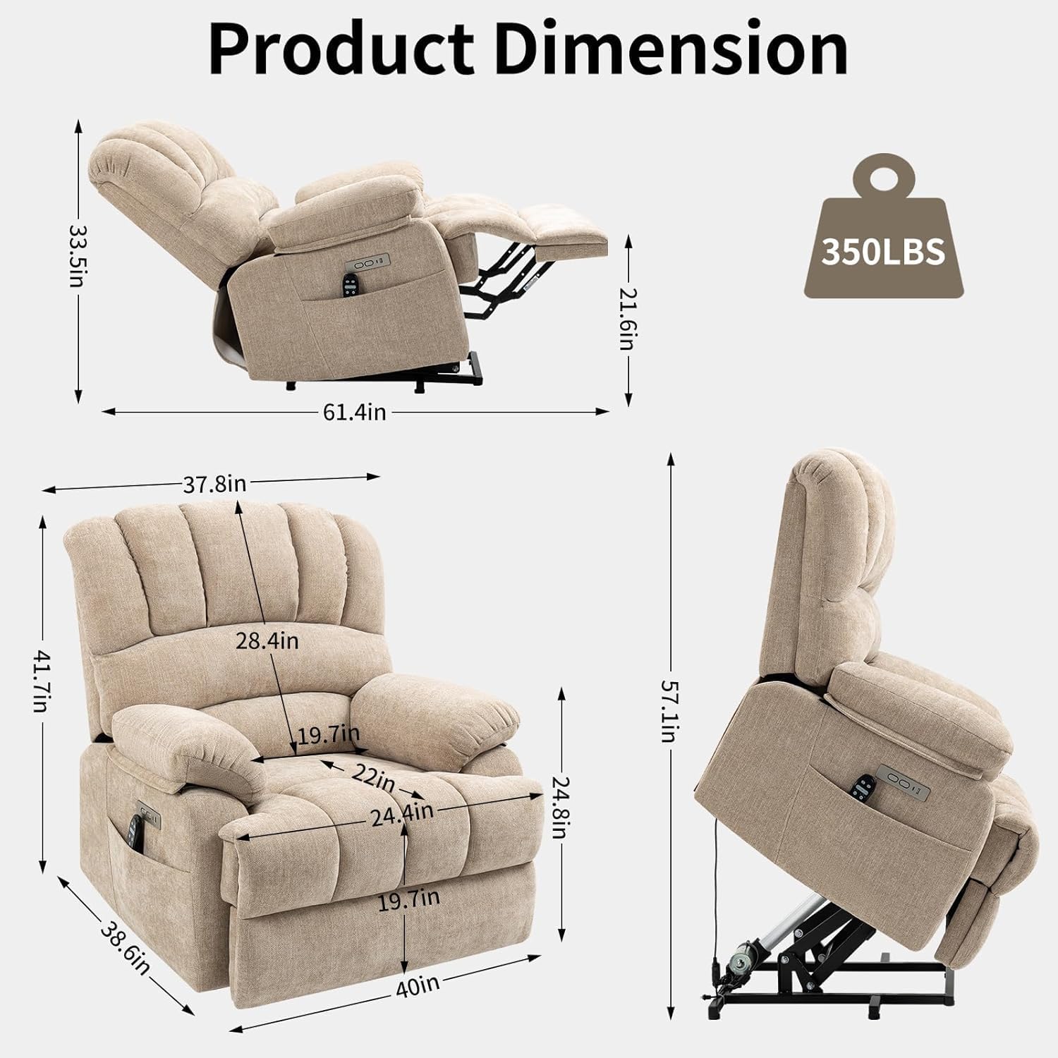Power Recliner with Vibration Massage & Lumbar Heat, Electric Lift Chairs for Elderly, High Back Reclining Max 155 Degree with Charging Ports, Chenille Fabric Beige