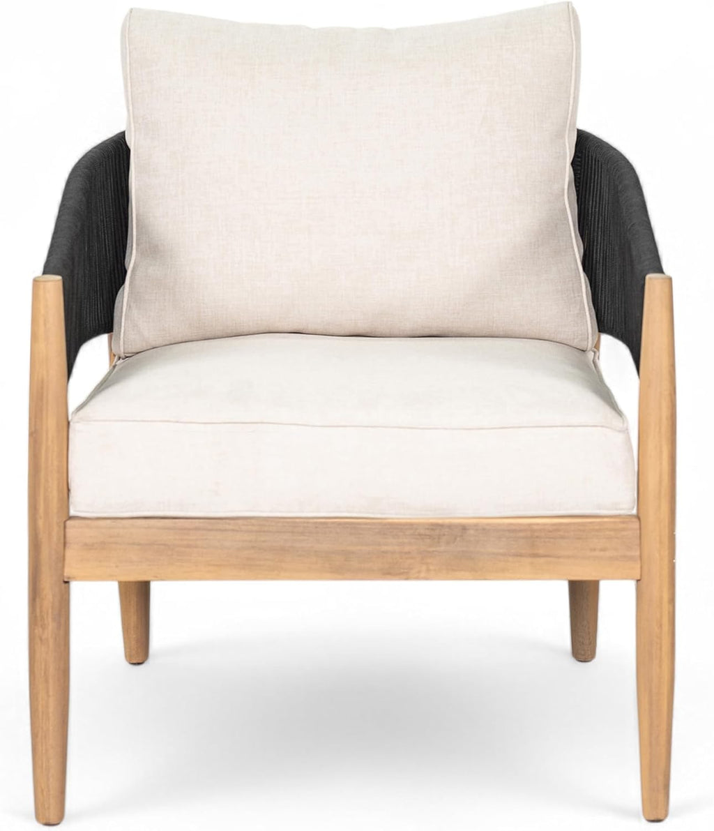 Christopher Knight Home Naomi Set of 2 Patio Acacia Wood Club Chair with Cushions, Handwoven Rope Lounge Chair Outdoor for Porch/Backyard, Stylish Garden Seating with Curved Backrest, Beige + Black