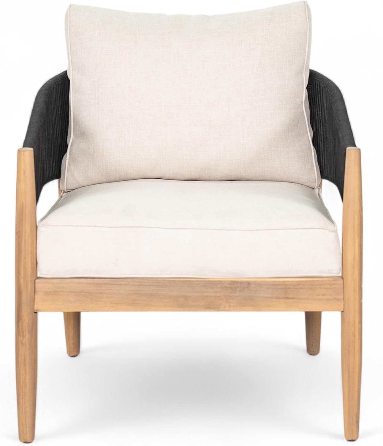 Christopher Knight Home Naomi Set of 2 Patio Acacia Wood Club Chair with Cushions, Handwoven Rope Lounge Chair Outdoor for Porch/Backyard, Stylish Garden Seating with Curved Backrest, Beige + Black