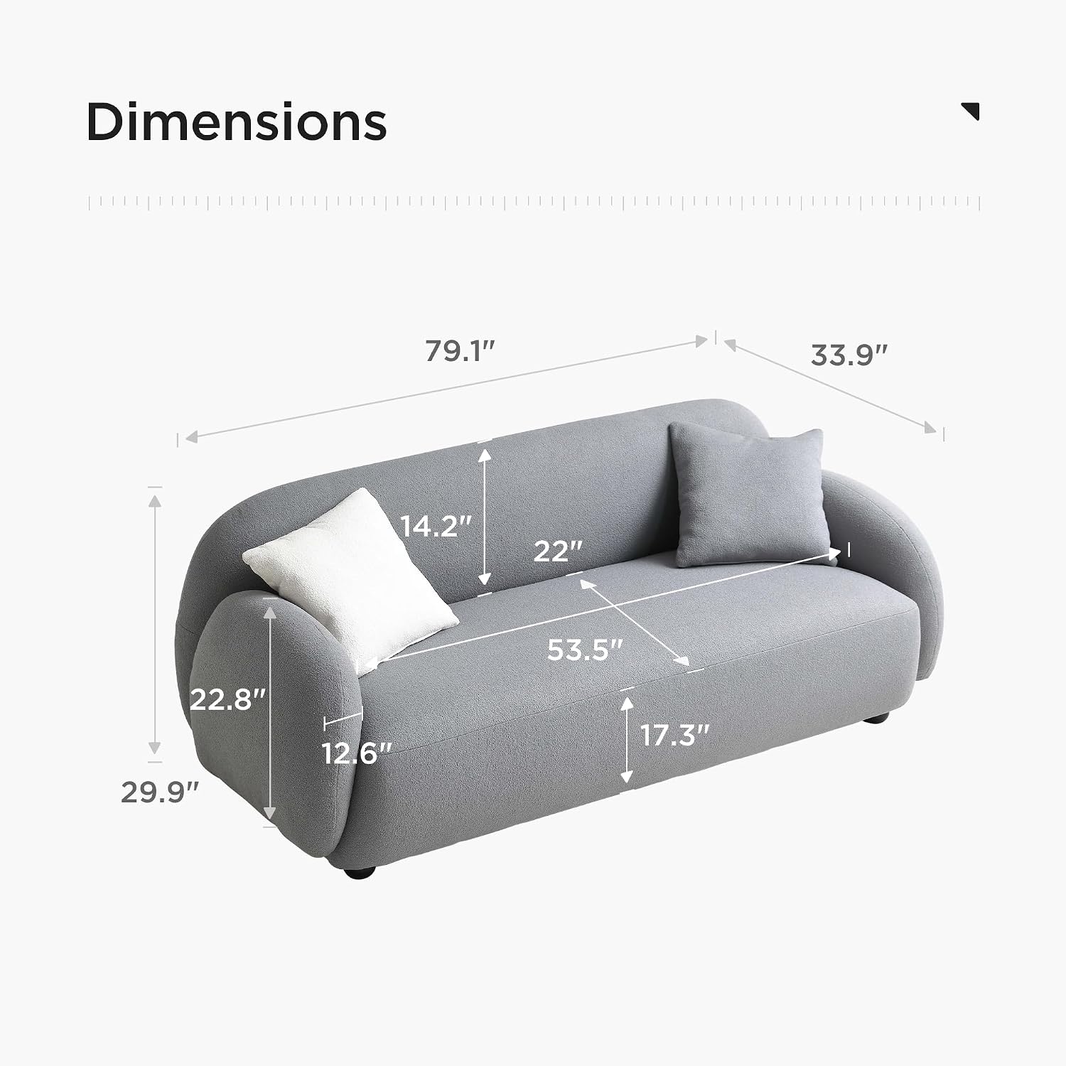 Acanva Modern Minimalist Sofa for Living Room Lounge Home Office, Rounded Edges Couch with Soft Boucle Upholstered, 74'W, Grey