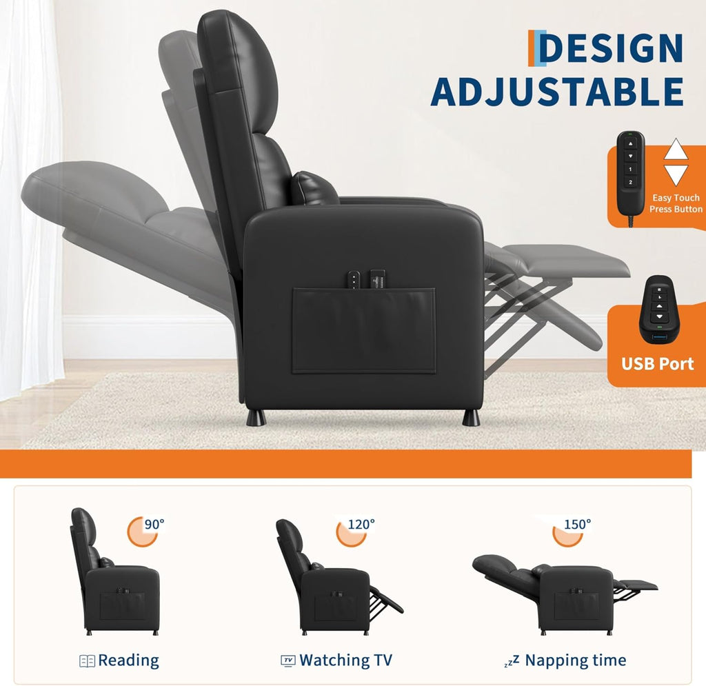 Ergonomic Power Recliner Chair, Electric Recliner, Tall Back, Overstuffed PU, Side Pockets,Recliner for Living Room, Home Theater & Game Rooms