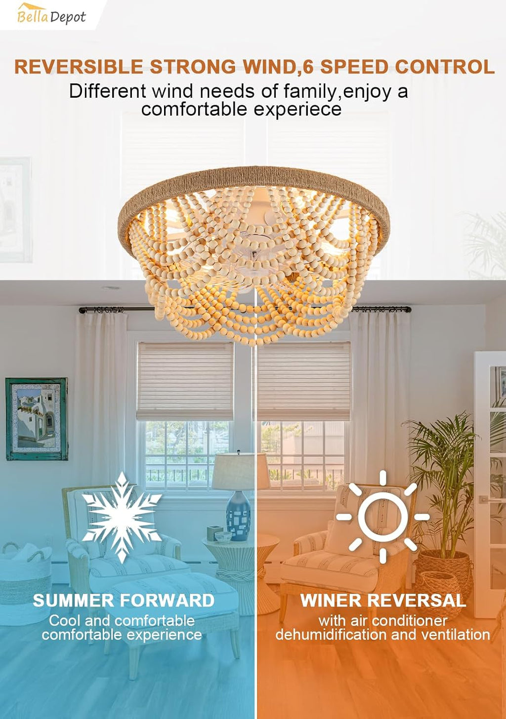 Bella Depot 20' Boho Caged Ceiling Fan with Light, Flush Mount Wood Beaded Fandelier Chandelier Fan, 6 Speeds Reversible Bladeless Ceiling Fan for Bedroom Kids Room Kitchen