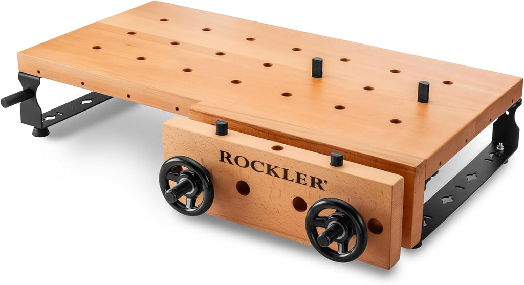 Rockler Handy Bench Portable Woodworking Workbench with Moxon Vise - 16x32 Solid Beech Benchtop, 4x4 Dog Hole Grid - Adjustable Steel Base Brackets, Compact Work Table for Garage or Shop