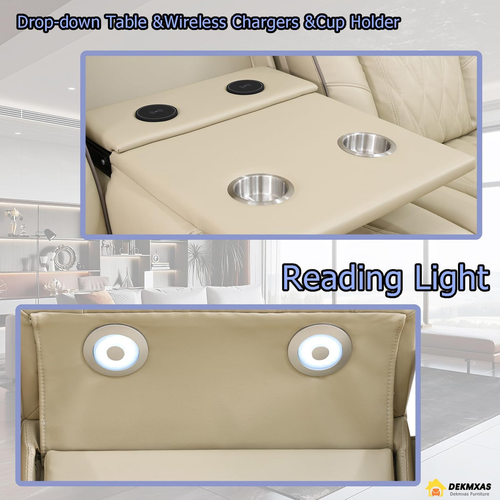 3PCS Power Recliner Sofa with Drop-Down Table Cup Holder, Living Room Furniture Sets, Beige Breathing Leather Power Reclining Sofa Set with 5 Recliner Seats,Storage Console for Living Room