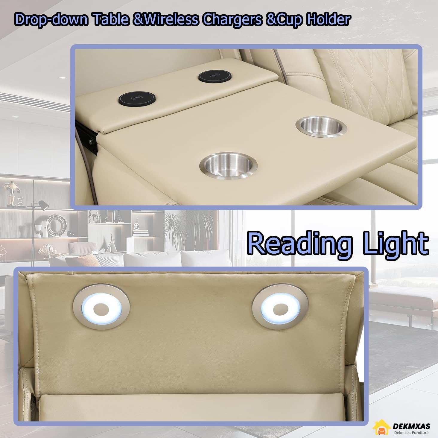 3PCS Power Recliner Sofa with Drop-Down Table Cup Holder, Living Room Furniture Sets, Beige Breathing Leather Power Reclining Sofa Set with 5 Recliner Seats,Storage Console for Living Room