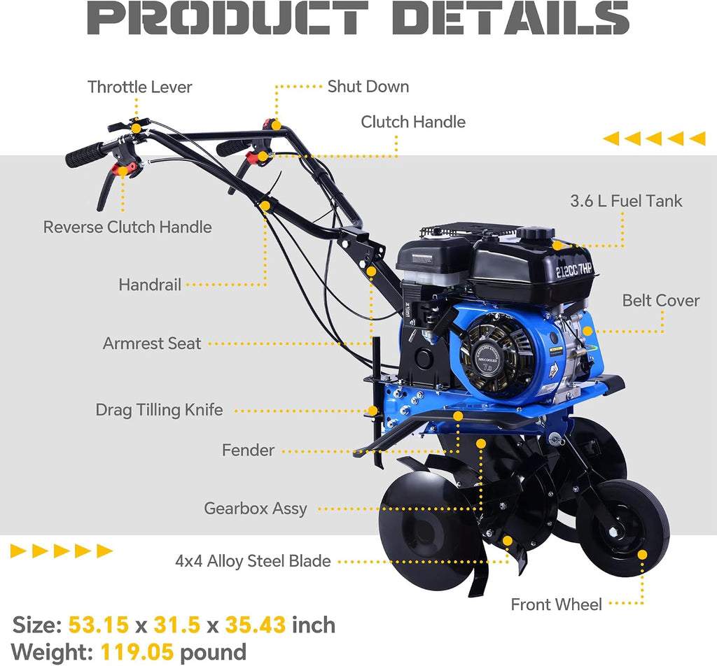 212CC 7HP Gas Tiller, 22' Adjustable Width, 4-Cycle Engine Cultivator with Instant Reverse, Heavy-Duty Steel Tines for Hard Soil, New Ground Breaking, Weed & Deep Cultivation (Blue)