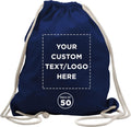 DISCOUNT PROMOS Custom Cotton Drawstring Backpacks Set of 50, Personalized Bulk Pack - Bring Everywhere You Go and For Everyday Use - Navy Blue