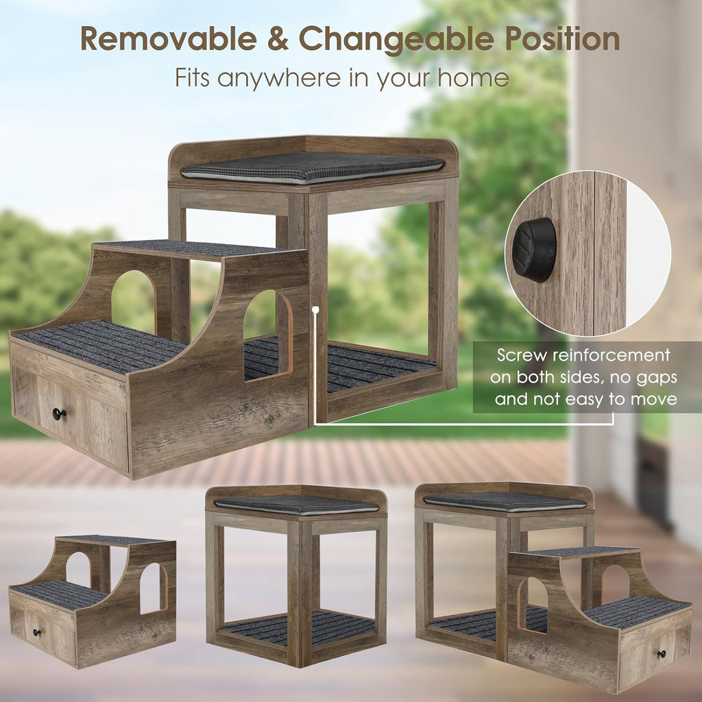 Pet Bunk Bed for Cats, Multi-Level Pet Window Perch Seat Platform with Removable Stairs and Mats for Cats and Dogs, Pet Bed Couch with Drawers for Bedside, Home, Indoor Use, Grey