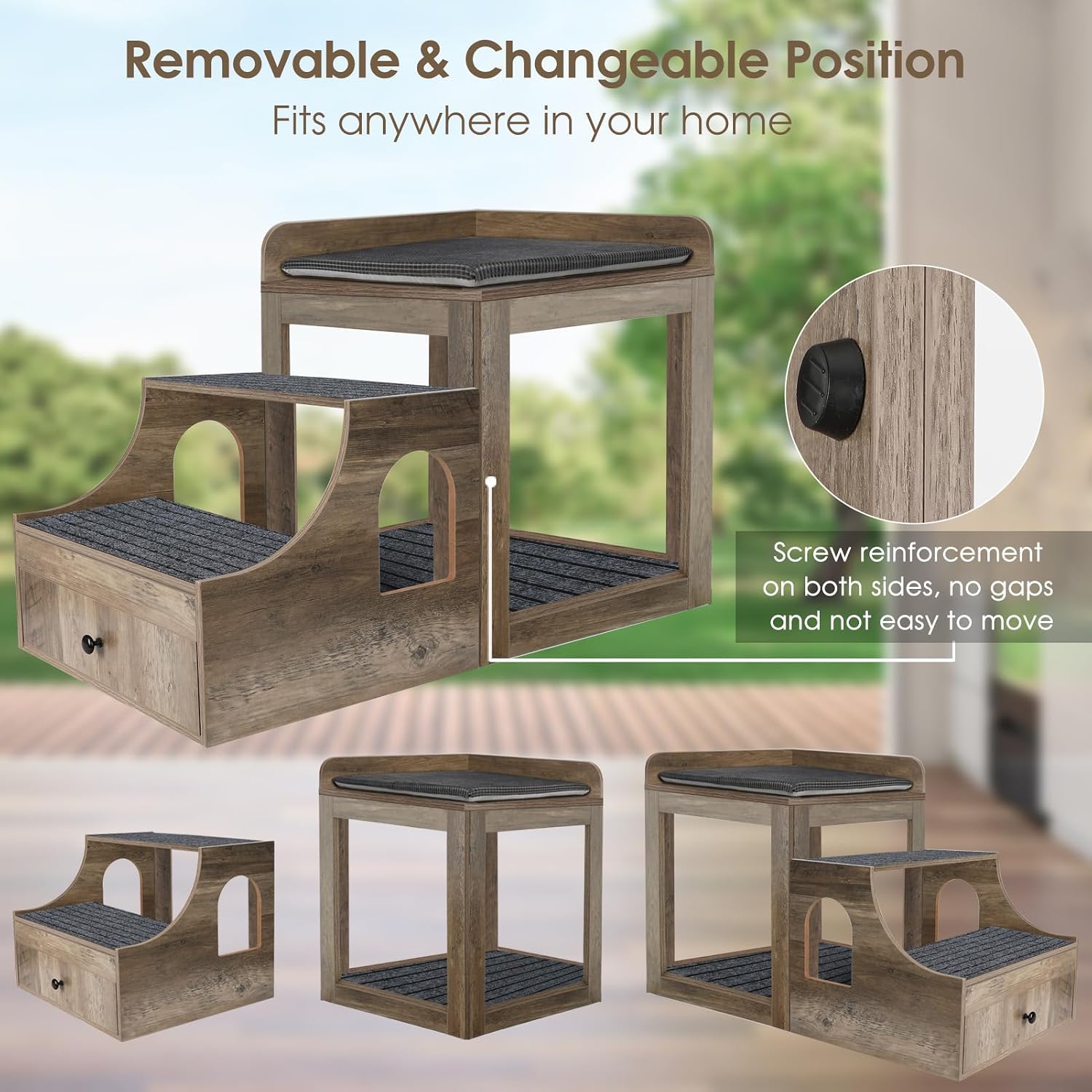 Pet Bunk Bed for Cats, Multi-Level Pet Window Perch Seat Platform with Removable Stairs and Mats for Cats and Dogs, Pet Bed Couch with Drawers for Bedside, Home, Indoor Use, Grey