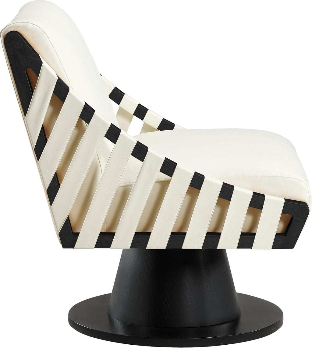 Meridian Furniture 33002Cream Millwin Collection Art Deco Swivel Accent Chair with Rich Cream Vegan Leather, Black Finish, Solid Wood Frame and Base, 28' W x 30' D x 32.5' H, Cream
