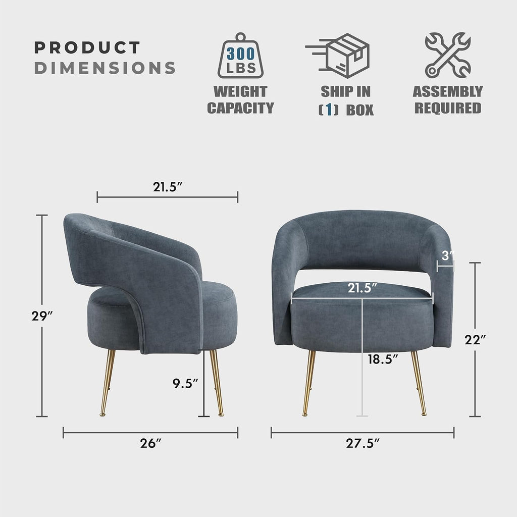 Lexicon Mid-Century Modern Velvet Accent Chair with Open Back, Gold Metal Legs, Upholstered Curved Barrel Armchair for Living Room/Bedroom/Office, Easy Assembly, Dark Gray